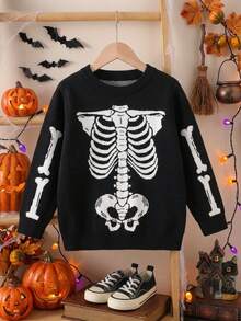 Boys Streetwear Halloween Skeleton Graphic Knit Pullover Sweater, Suitable For Halloween, Autumn And Winter - Black - View 2