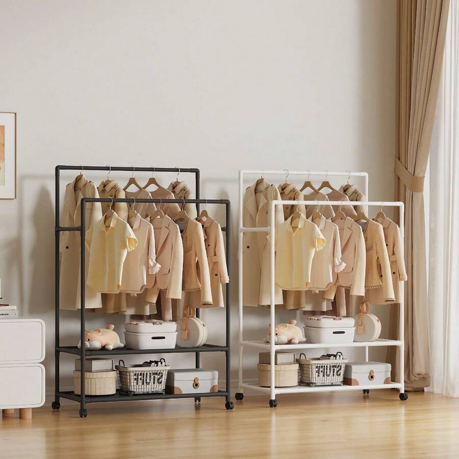 1pc Multifunctional Freestanding Coat Rack - With Wheels, Dual Hanging Rods And Top Shelf, Sturdy Metal Frame, Space-Saving Modern Design, Suitable For Home, Dorm, Bedroom - Multifunctional Indoor Storage Organizer, Clothing Storage Organizer - View 1