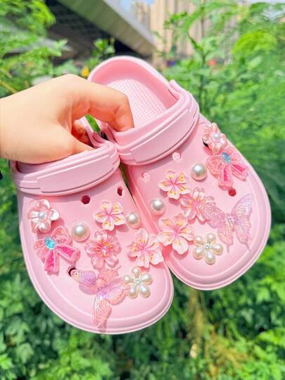 18/20pcs Pink & Purple Flower, Butterfly Cute Shoe Charms, Suitable For Women's Perforated Slippers DIY Accessories