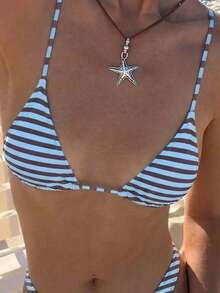 Women's Striped Bikini Top, Summer Vacation Beach - Blue-black - View 3