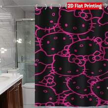SANRIO Pink Hello Kitty Pattern Black Background Shower Curtain Set 4pcs (Includes 2 Bath Mats + 1 Toilet Lid Cover + 1 Shower Curtain), Easy To Clean And Durable, Suitable For Bathroom And Guest Room - 4-piece Shower Curtain Set - View 14