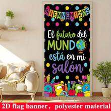 1pc Spanish Style Back To School Door Curtain Party Banner, Polyester Material, Black Background With Globe And Pencil Pattern, Suitable For Back To School Party, Classroom Decoration Hanging Flag, Spanish Campus Theme Event Decoration - A - View 3