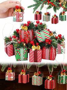 Christmas Tree Gift Box Decoration, Red And Green Christmas Packaging Box With Bells, Red Berries And Pine Needles, Christmas Tree Home Fireplace Decor, Party Supplies (Random Style As Shown In Image) - Multicolor - View 7
