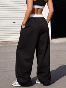 Knot & Curve Y2K Women's Double Layer Contrast Color Waist Letter Print Wide Leg Sweatpants, American Style Drawstring Elastic Waist Loose Straight Leg Black Long Pants - Black - View 4