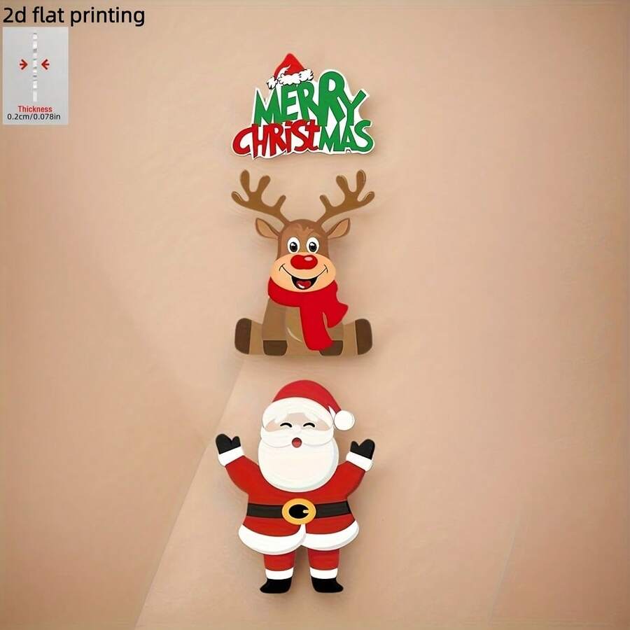 2D Flat 3-Piece Set Cute Reindeer & Santa Claus Design, Suitable For Front Door, Wall And Indoor Decoration, Rustic Style Colorful Acrylic Home Decor, Christmas Gift - A - View 1