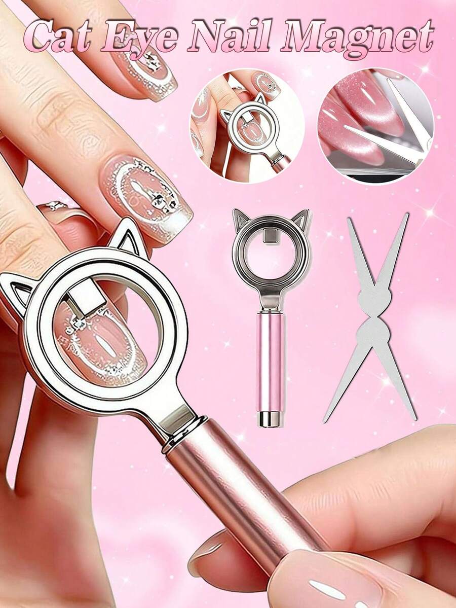 Nail Art Magnetic Wand, Cute Cat Ear Cat Eye Nail Art Magnetic Wand, Dual-Head Design Suitable For Hollow Cat Eye And French Cat Eye Effects, Includes Dual-Head French Nail Art Magnetic Tool, Professional Nail Art Magnetic Tool, Suitable For DIY, Nail Art Supplies - Multicolor - View 1