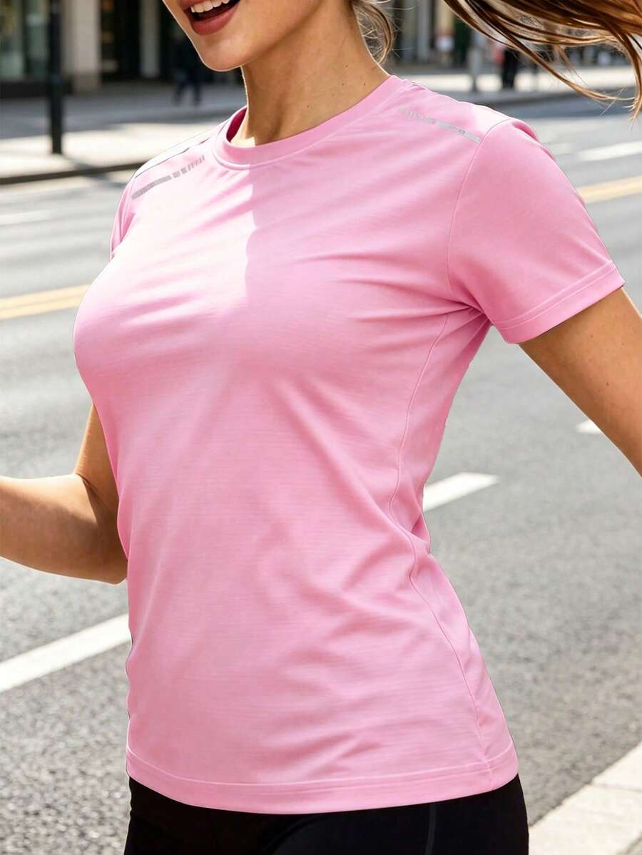 女款夏季快乾運動短袖T恤,透氣吸濕,圓領修身瑜伽跑步健身上衣 - 淺粉色 - 查看 1