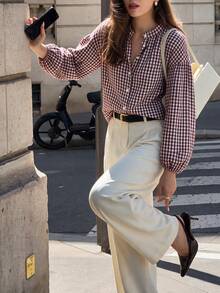 Fashionable Women's Plaid Woven Fabric Shirt, Long Puff Sleeve, Regular Length Button-Up Top, Suitable For Daily Wear - Multicolor - View 4