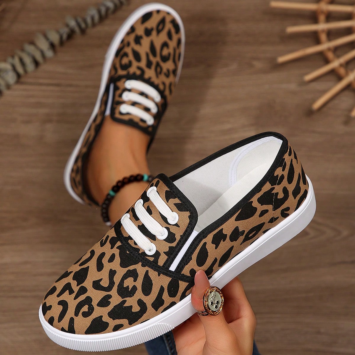Casual Brown Leopard Print Outdoor Slip-On Shoes For Women, Patchwork Round Toe Versatile Casual Shoes For Spring And Autumn