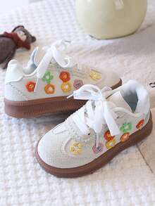 1 Pair Girls' Sports Shoes, Stylish Spring/Autumn New Floral Sneakers, Soft Sole Training Shoes For Big Kids - Beige - View 1