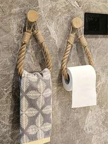 1/2pcs Handmade Jute Rope Toilet Paper Holder, Vintage Style Hook, Wall-Mounted Towel Ring, Toilet Paper Holder With Hook, Towel Rack, Natural Jute Rope, Bathroom Accessories - Khaki - View 2