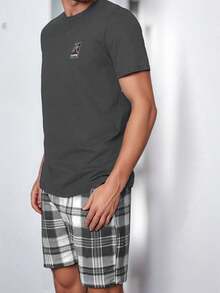 Summer Lightweight Crew Neck Pullover Short Sleeve Two-Tone Plaid Print Shorts 2 Pieces Set Casual Premium Loungewear - Multicolor - View 5
