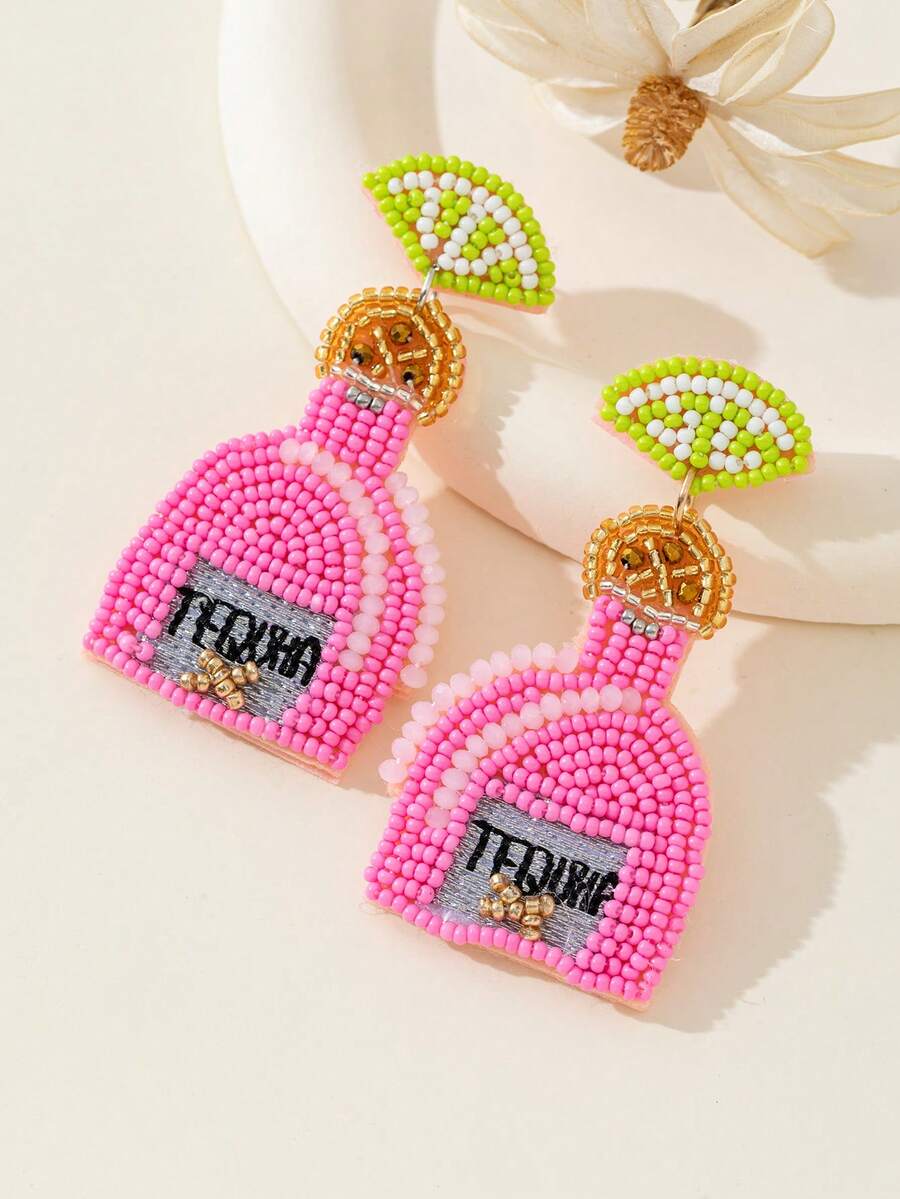 1 Pair Handmade Seed Bead Tequila Bottle Earrings, Fashionable Jewelry Gift - Pink - View 1