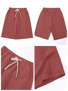 Summer 100% Cotton Men's Casual Two Pieces Sets: Men's Round-Neck Short-Sleeved T-Shirt And Men's Casual Shorts Or Tracksuit Bottoms. - White Top + Caramel Pants - View 6