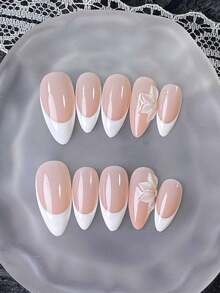 10 piezas de arte de uñas hecho a mano, blanco con bordes franceses, diseño de relieve 3D con flores blancas y cuentas plateadas. Adecuado para uso diario, salidas casuales y fiestas. Uñas artificiales removibles y reutilizables para mujeres. - Blanco - Ver 1