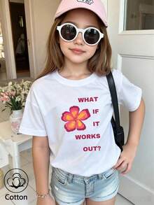 Summer & Autumn Girls' Cotton Short Sleeve T-Shirt, Cute Sweet Girly Preppy Style With Fun Printed Graphics - White - View 2