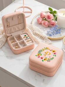 1pc Small Portable Jewelry Organizer Box.Can Be Used As A Feminine Jewelry Storage Box.Floral Initials Women's Jewelry Box.Small Item Storage Bag. - Flowers - View 5
