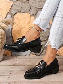 Women's Solid Color Preppy College Commute Pure Metal Chunky Heel Slip-On Loafers Office Shoes - Black - View 2