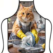 1pc Apron With Cute Orange Cat Washing Dishes Pattern - Suitable For Cooking, Baking And Daily Use - Multicolor - View 2