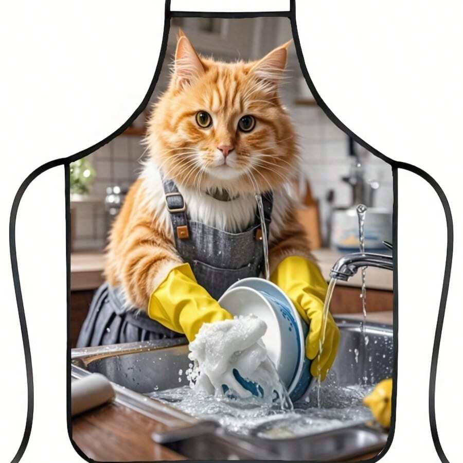 1pc Apron With Cute Orange Cat Washing Dishes Pattern - Suitable For Cooking, Baking And Daily Use
