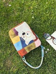 Cute Cartoon White Dog Bucket Crossbody Bag, Color Block Patchwork Splicing Canvas Shoulder Purse With Glasses Puppy Print. - Multicolor - View 9
