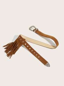 1pc European & American Y2K Bohemian Style Brown Long Tassel Faux Suede PU Wide Belt, Embossed Distressed Silver Metal Buckle And Eyelet Decoration, Vintage Western Streetwear Versatile - Brown - View 2