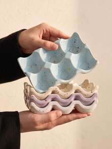 DearDali 1個 14.5cm 6格波浪邊陶瓷蛋架，水墨彩釉INS風蛋收納容器，適用冰箱儲存與廚房裝飾 - 查看 13