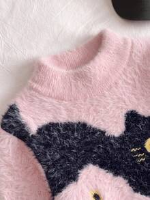 Sweater Rajut Pullover Bulu Imitasi Motif Kucing Lucu untuk Anak Perempuan, Cocok untuk Pakaian Kasual Sehari-hari di Musim Semi, Gugur, dan Dingin - Berwarna merah muda - View 7
