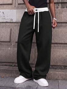 Men's Casual Loose Fit Drawstring Waist Wide Leg Comfortable Sweatpants, All-Match Minimalist Versatile Black Sports - Black - View 1