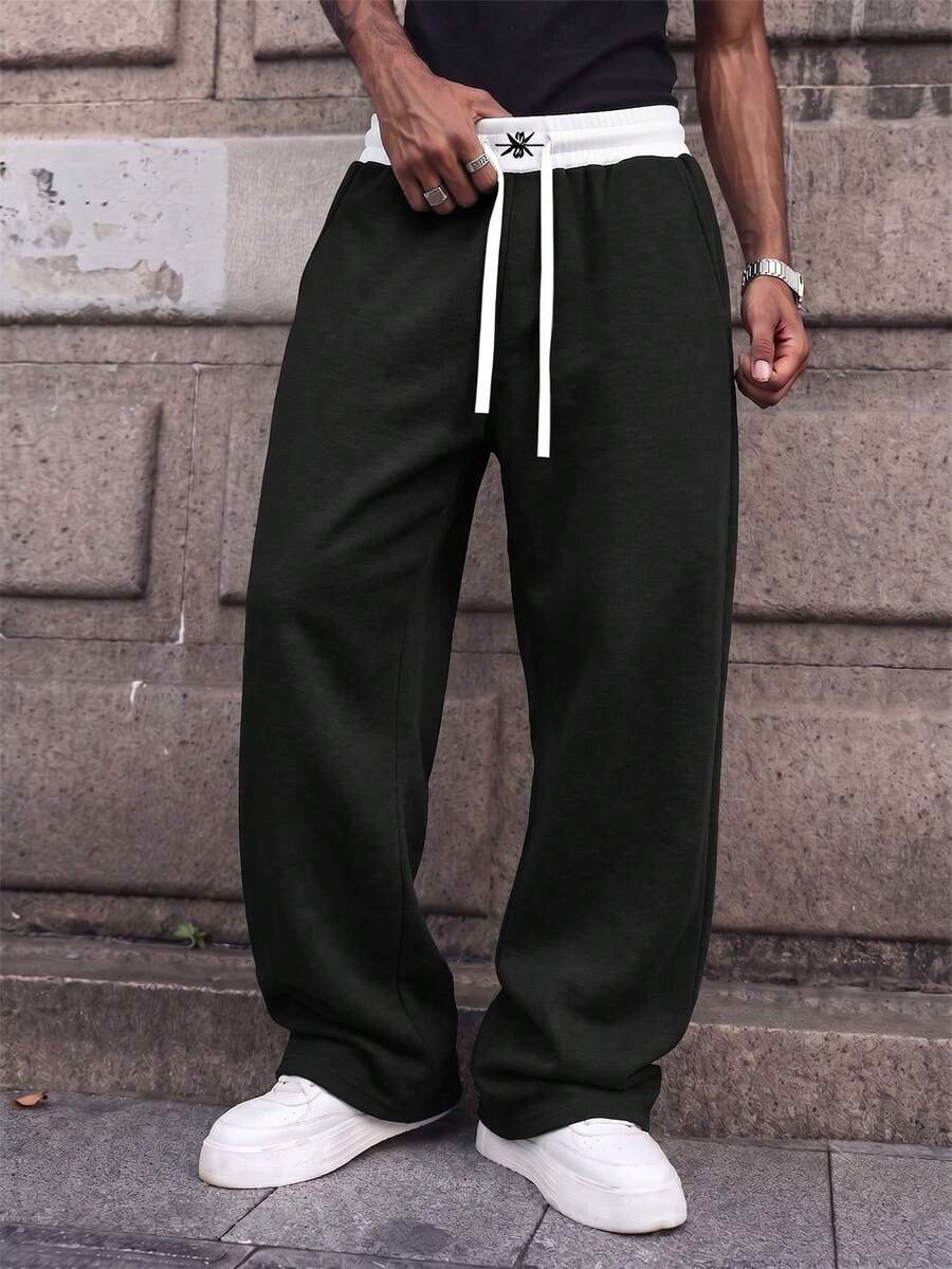 Men's Casual Loose Fit Drawstring Waist Wide Leg Comfortable Sweatpants, All-Match Minimalist Versatile Black Sports - Black - View 1