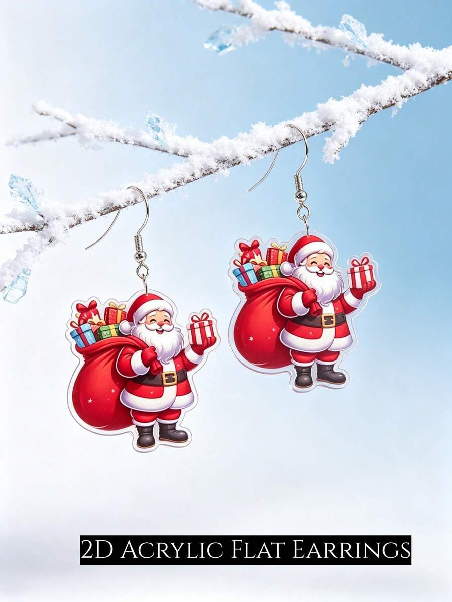 2D Santa Claus Gift Pendant Earrings, Flat Acrylic Double-Sided Print, Christmas Cartoon Lightweight Ear Accessories, Perfect Halloween, Thanksgiving, Christmas Gift For Girls And Women, Cute Fashion Accessory Suitable For Any Occasion - Santa Claus - View 1