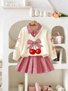 Baby Girl Cherry Bow Print 2 In 1 Long Sleeve Top And Plaid Skirt - Apricot - View 1