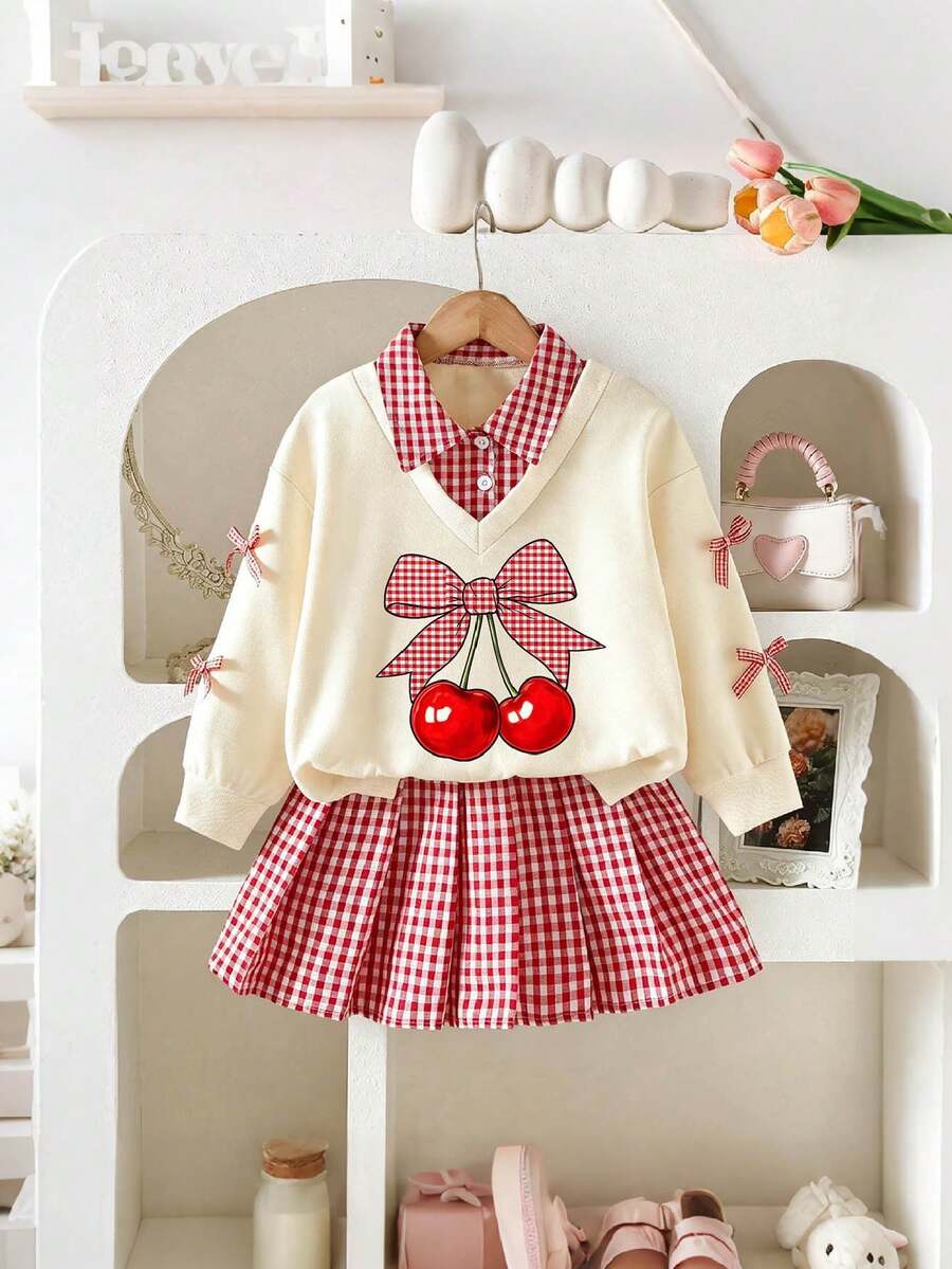 Baby Girl Cherry Bow Print 2 In 1 Long Sleeve Top And Plaid Skirt - Apricot - View 1