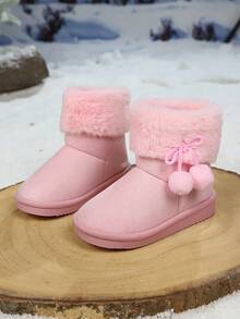 1 Pair Children's Winter Snow Boots, Fashionable Minimalist Design With Ball Pendant, Student Kids Boots - Pink - View 4