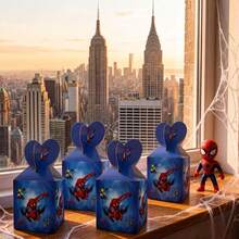 6pcs Heart-Shaped Flip-Top Square Paper Candy Boxes, Classic Movie Print Handheld Gift Boxes, Blue Background, Superhero Theme Birthday Party Gift Bag Filler Packaging Boxes - Multicolor - View 4