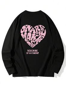 Women's Round Neck Long Sleeve T-Shirt, Spring/Autumn New Heart & Letter Print, Fashion Casual Versatile Loose Fit Top - Black - View 3