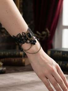 1pc Fashionable Vintage Lolita Lace Armband Black Gothic Water Drop Tassel Bracelet Halloween Jewelry, Halloween Ghost Bride Costume Accessory - Black - View 8