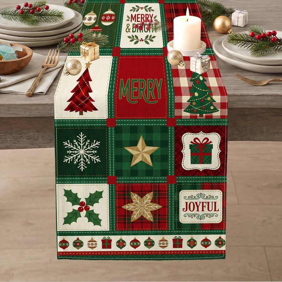 1pc Christmas Tree Snowflake Plaid Print Table Runner, Suitable For Holiday, Party, Dinner, Restaurant Table Decoration, Home Autumn/Winter Decor - Multicolor - View 1