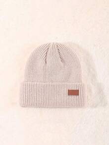 1/3pcs Unisex Leather Patch Winter Multi-Color Versatile Knit Beanie With Rolled Edge, Ear Protection Minimalist Small Logo Knit Hat, Men's Outdoor Autumn Apparel, Designed For Young People, Ideal For Outdoor Activities, Christmas, Thanksgiving, Vintage Parties And Streetwear, Perfect Gift For Friends And Birthday Present - Leather Label Style - View 5