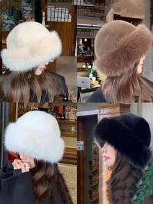 Chapéu de Pelúcia Quente Feminino para Outono/Inverno, Chapéu Decorativo de Estilo Mongoliano Grosso e Fashion, Chapéu Versátil, Estilo de Chapéu de Artesanato Premium, Adequado para Viagens ao Ar Livre em Clima Frio, Acessório de Cabeça de Boutique de Alta Qualidade - A - Visão 3