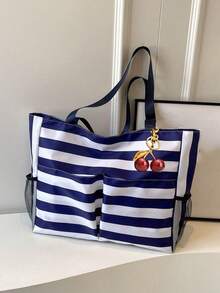 Minimalist Colorblock Wide Stripe Handbag, Large Capacity Multi-Pocket Foldable Tote Bag, Casual Versatile Shopping Bag, Suitable For Short Trips - Blue - View 8