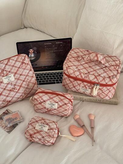 1pc Vintage Quilted Diamond Pattern Bowknot Makeup Bag, Dual Satin Ribbon Zipper Design, Large Capacity Multifunctional Women's Toiletry Bag