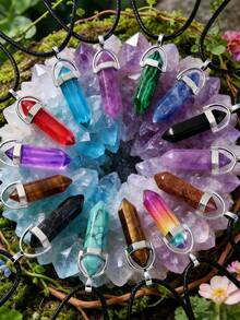 Random 1/10/15/20/30/50/100pcs Vibrant Chakra Crystal Pendants With Durable Leather Chain + Multi-Color Gemstone Set With Hexagonal Quartz, Energy Balance, Ideal Gift Choice - Multicolor - View 1