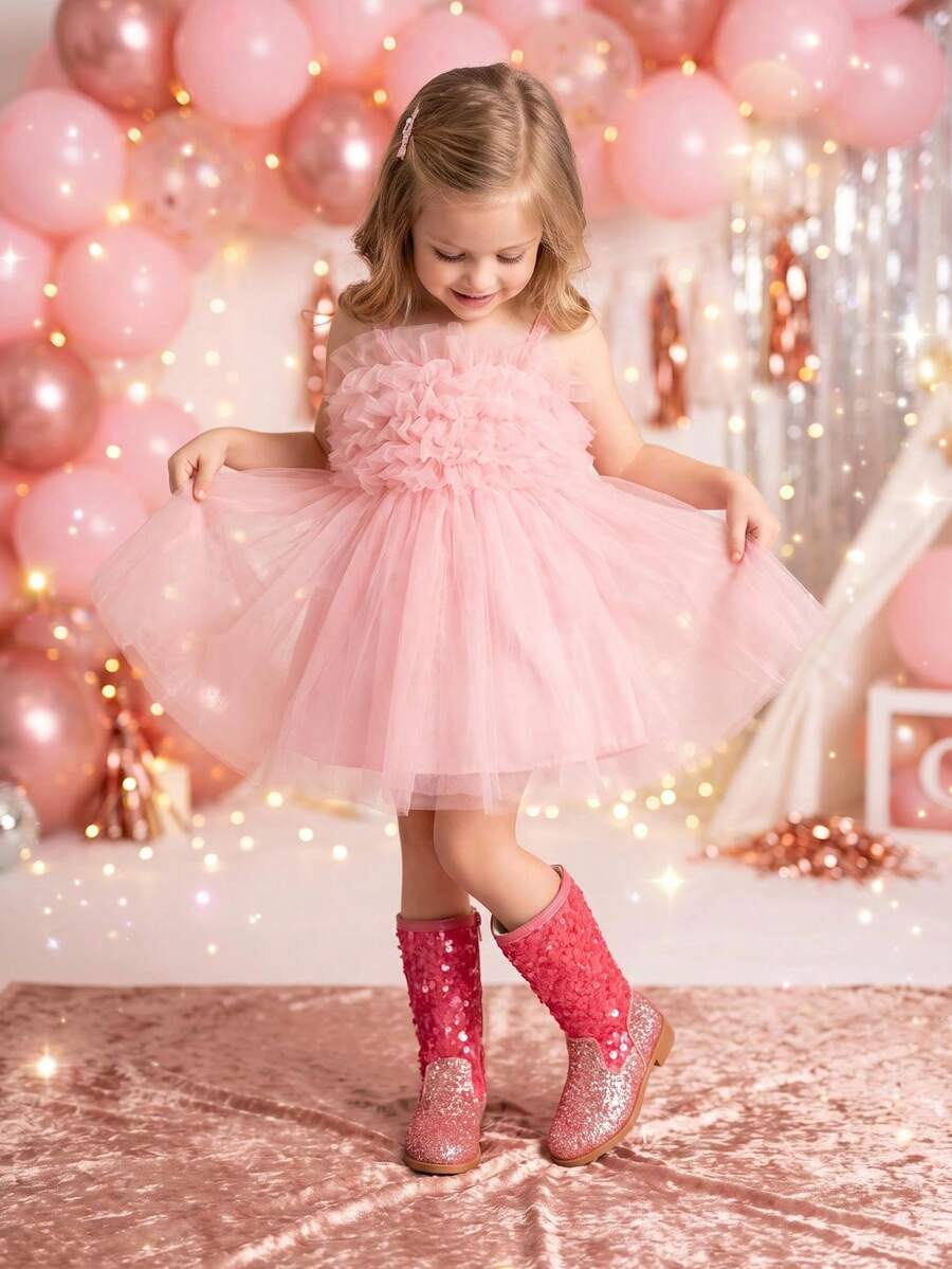 Shiny Pink Sequin Glitter Girls Western Boots, Side Zipper Mid-Calf Party Shoes - Rose Red - View 1