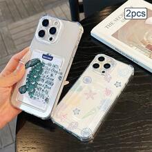 2pcs Ocean Print Card Holder Phone Case TPU Shockproof Full Coverage Precise Protection Cover Compatible With Apple 11/12/13/14/15/16/17 Pro Max - Clear - View 3