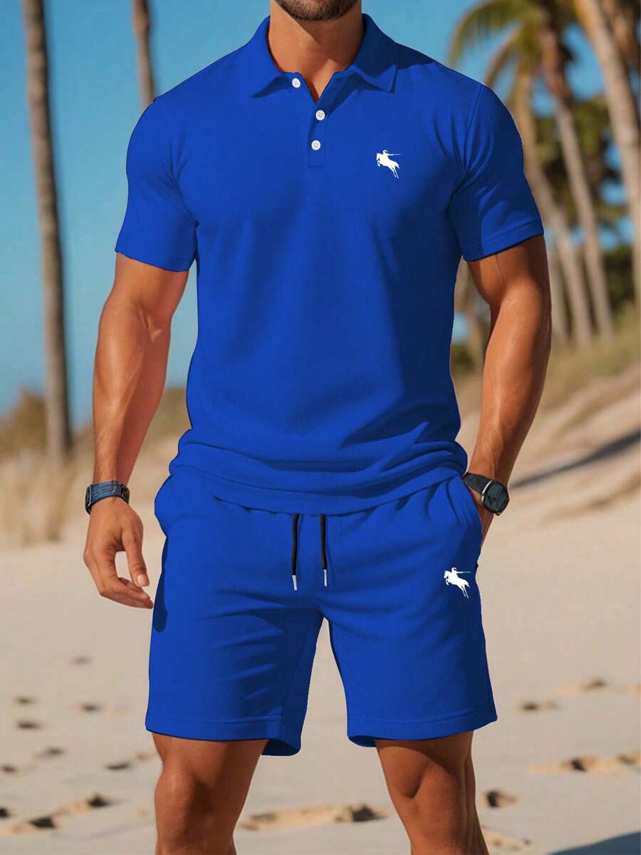 男士夏季休閒騎士印花短袖 Polo 衫與短褲套裝 - 藍色 - 查看 1