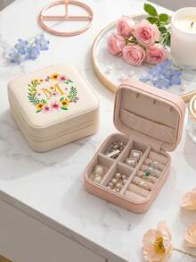 1pc Small Portable Jewelry Organizer Box.Can Be Used As A Feminine Jewelry Storage Box.Floral Initials Women's Jewelry Box.Small Item Storage Bag. - Flowers - View 3