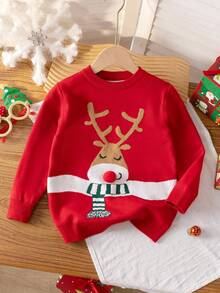 Young Girl Cute Christmas Reindeer Jacquard Knit Crew Neck Pullover Sweater Long Sleeve, Suitable For Daily Wear, Party, Spring, Autumn, Winter - Red - View 1