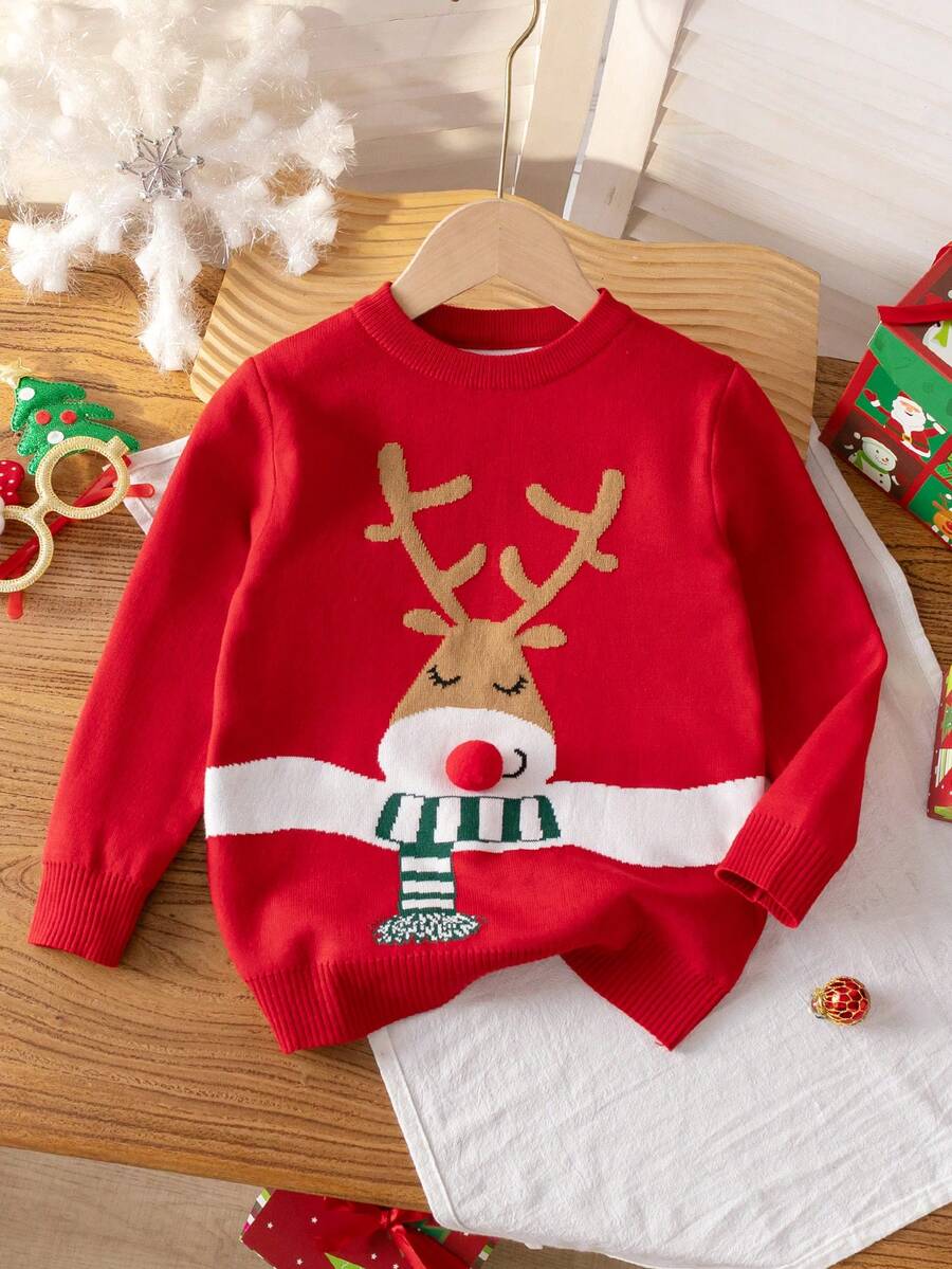 Young Girl Cute Christmas Reindeer Jacquard Knit Crew Neck Pullover Sweater Long Sleeve, Suitable For Daily Wear, Party, Spring, Autumn, Winter - Red - View 1