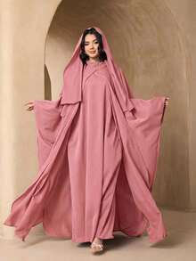 Fashionable Versatile Solid Color 3-Piece Set Women's Elegant Sleeveless Long Robe + Loose Abaya Cardigan Long Robe + Scarf Set, Soft Skin-Friendly Sun Protection Muslim Clothing Shawl - Pink - View 6